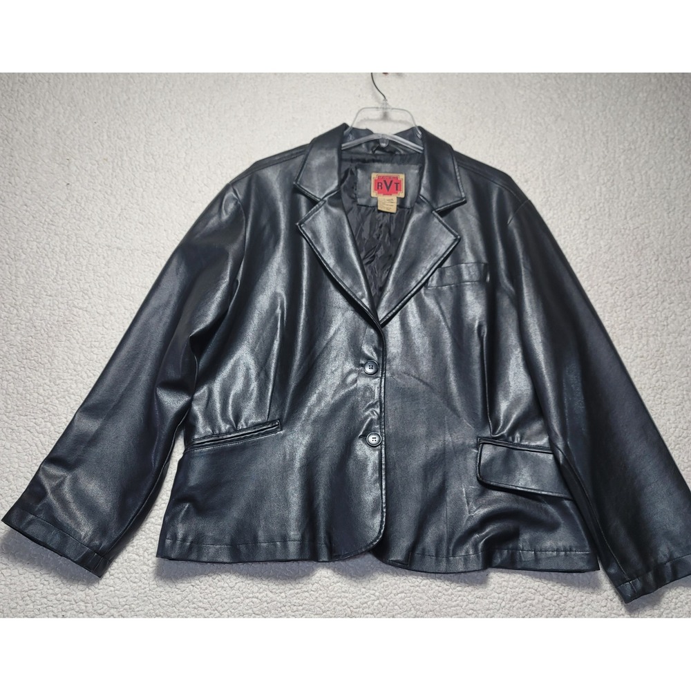 RVT Clothing Black Faux Leather Blazer Jacket Women 2X Button Front Lined